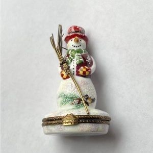 Rochard Snowman with Red Hat and wire broom Limoges Porcelain Box.
